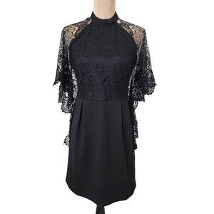 TOV Size 42 (US 8) Black Batwing Lace Sleeve Cocktail, Evening Dress